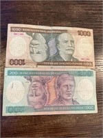 2 Bills  From Brasil.   2 Denominations