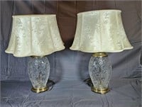 Engraved Crystal Table Lamps -2 w/Shades 25"