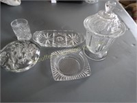 Misc. clear glass- sugar bowl w/lid, ash tray,