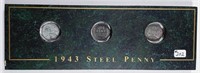 1943 P-D-S  Steel Penny's in display