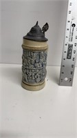 early pottery stein German relief with pewter lid