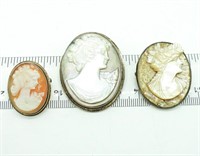 3 Vintage Sterling Cameo Brooches
