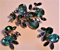 Jeweled Bright Green Rhinestones Brooch & Ears