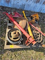 pallet with metal implement wheels, metal disk