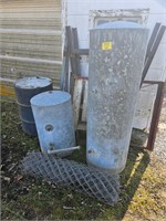 metal barrel, metal fencing, (2) metal tanks,