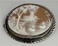 Victorian Sterling Cameo Brooch with Swans