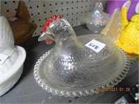 Clear Glass Hen on Nest w/Red Comb