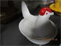 Milk Glass Hen on Nest w/Red Comb