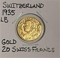 Approx. 1/5 Oz. GOLD 1935 20 Swiss Fr.