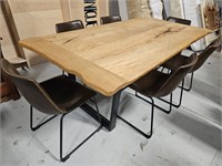 Natural Wood Dining Table + 6 Brown Leather Style