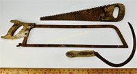 Hand saws, sickle, blades are rusted