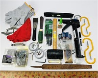 Caulking gun, level, mallet, batteries, gloves,