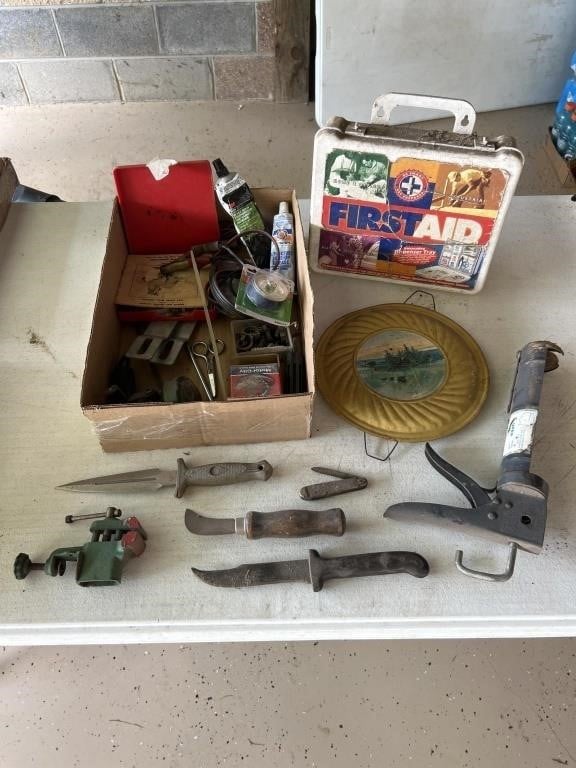 Colt knife, assorted knives, clamp vice