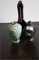 3 various items: 2 cloisonne vases - one a black