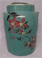 Lidded Stoneware Jar Blue Glaze w Flowers