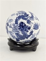 LARGE CHINESE BLUE & WHITE DRAGON BALL W STAND