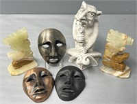 Marble Bookends; Decorative Metal Masks & Goblin