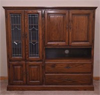 Oak Entertainment Center w/ Leaded Glass Doors