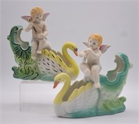 Occupied Japan Porcelain Bisque Cherubs & Swans