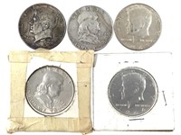 5 - Silver Half Dollars Franklin & Kennedy
