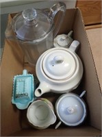 Glass Pitcher, Creamer, Sugar, Teapot, Blue