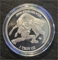 One Ounce Silver Round: Bull Wrestler