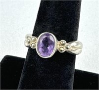 925 Silver Amethyst and Marcasite Ring