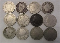 12 Liberty "V" Nickels 100 + Years old