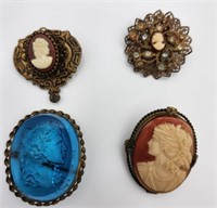 4 Beautiful Vintage Cameo Brooches