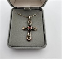 Sterling Marcasite Garnet Cross Pendant & Chain