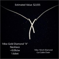 14kt Diamond "X" Necklace, ~0.09ctw, 1.6dwt