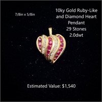 10kt Ruby-Like & Diamond Heart Pendant, 2.0dwt