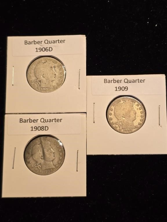 Various Dates Barber Quarter (3) 1906D, 1908D,1909