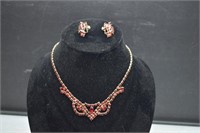 Red Rhinestone Necklace and Screw Back Earrings