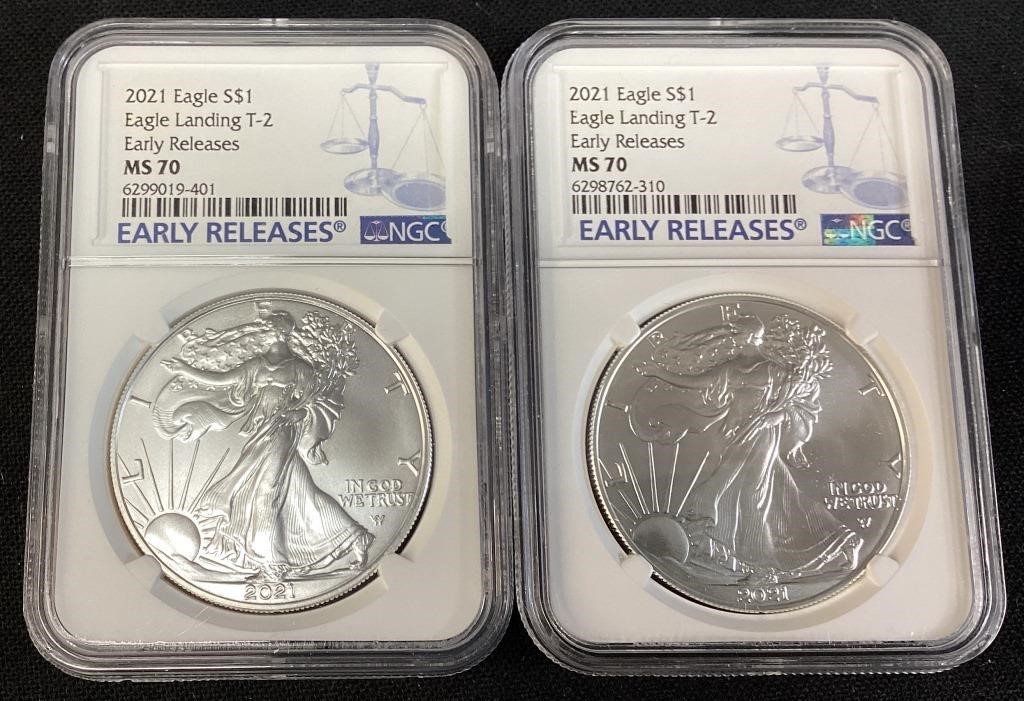 (2) 2021 SILVER AMERICAN EAGLES, EAGLE LANDING