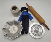 Cloth Amish Doll, Wood Rolling Pin, Wendell August