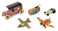 Collection of 5 Tin Litho Friction & Wind-Up Toys
