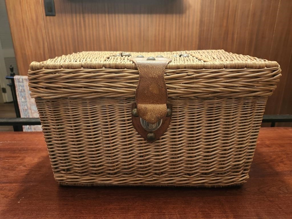 Vintage Wicker Picnic Basket w/ Leather Handles