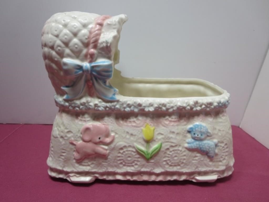 VTG Napcoware Ceramic Baby Crib Blue & Pink