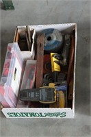 BOX OF ASSORTED TOOLS, GRINDING WHEELS ETC