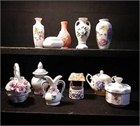 Small porcelain bud vases, trinket and ring,