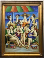 Signed Sacco Oil Canvas, People At Beach
