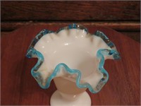 Fenton Milk Glass Ruffled Vase W/ Aqua Blue Crest