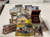 ROUTE 66 POST CARD ALBUM, COMPASS, STACK OF YMCA