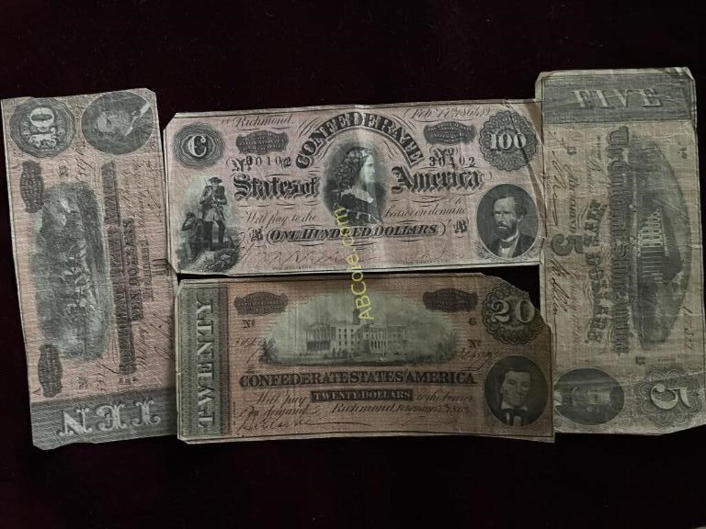 $5, $10, $20, $100 Confederate Notes, Richmond