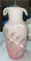 Vintage Pink Art Glass Lamp, Applied Glass Leaf