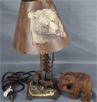 Bear Metal Rustic Lamp & Carved Bear Sculpture