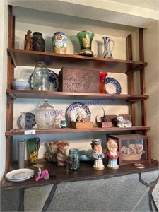 CONTENTS OF SHELVES--VASES, WOOD BOXES, PLATES,
