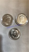 3 Eisenhower silver dollars, 1971 & 1974
