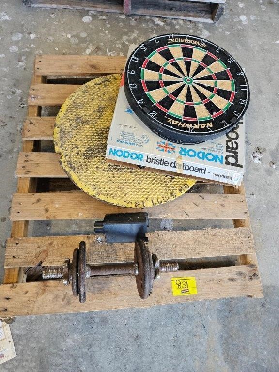 (2) DART BOARDS, SEWER COVER, WEIGHTS